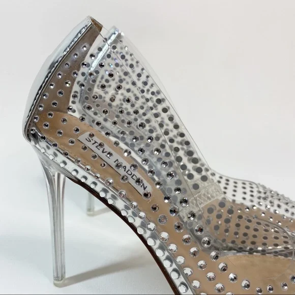 Steve Madden Women's Vala-r Heel in Rhinestone Crystal Silver Clear Pointed Toe - Picture 8 of 14